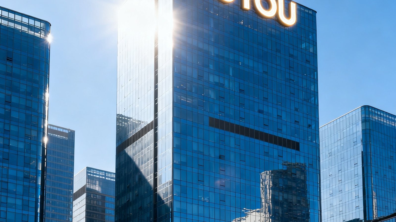 九游广州总部办公大楼外景，现代化的玻璃幕墙建筑在阳光下熠熠生辉，楼顶有巨大的JIUYOU发光标识