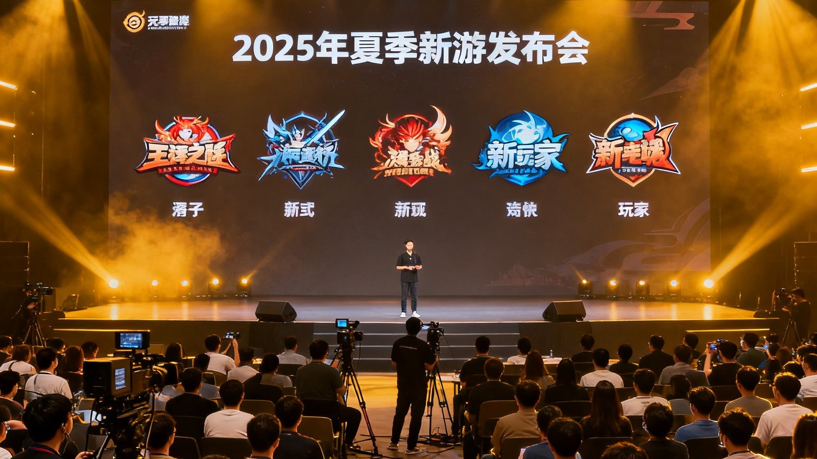 2025年夏季新游发布会现场照片，舞台中央大屏幕展示六款新游的Logo，台下坐满了媒体记者和玩家代表