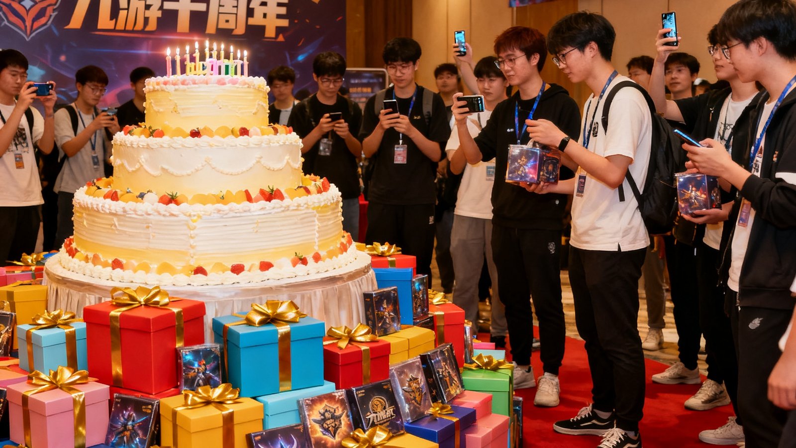 九游十周年庆典活动现场，巨大的生日蛋糕旁堆满了礼物盒，玩家们正在排队领取限量版纪念周边