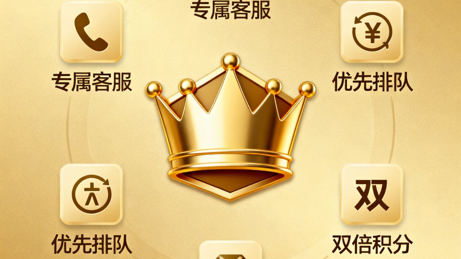 VIP专属特权展示图，中央为金色皇冠徽章，周围环绕着专属客服、优先排队、双倍积分等特权图标