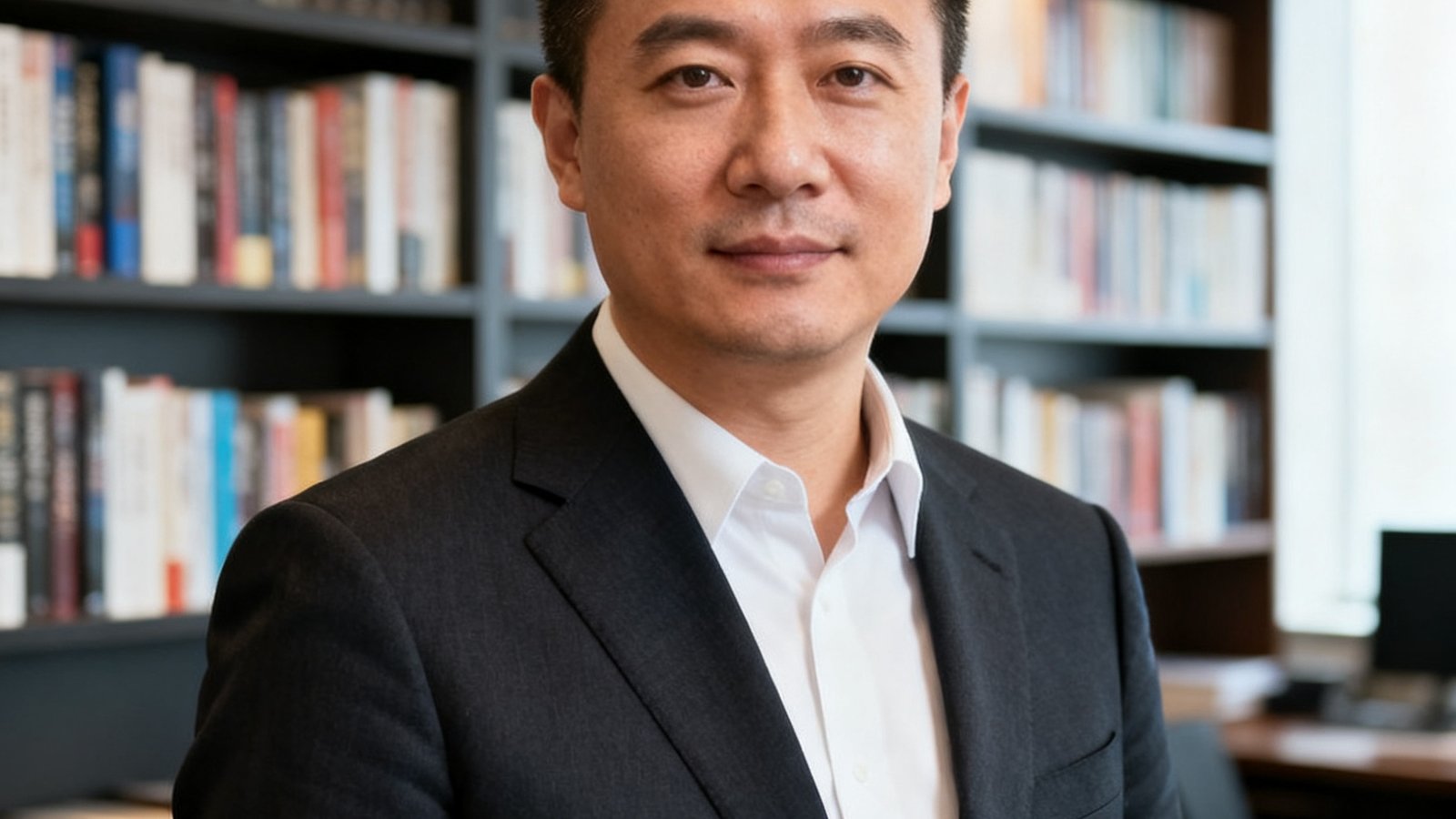 九游创始人兼CEO陈明远的职业肖像照，身穿深色西装，背景为办公室书墙，表情沉稳自信