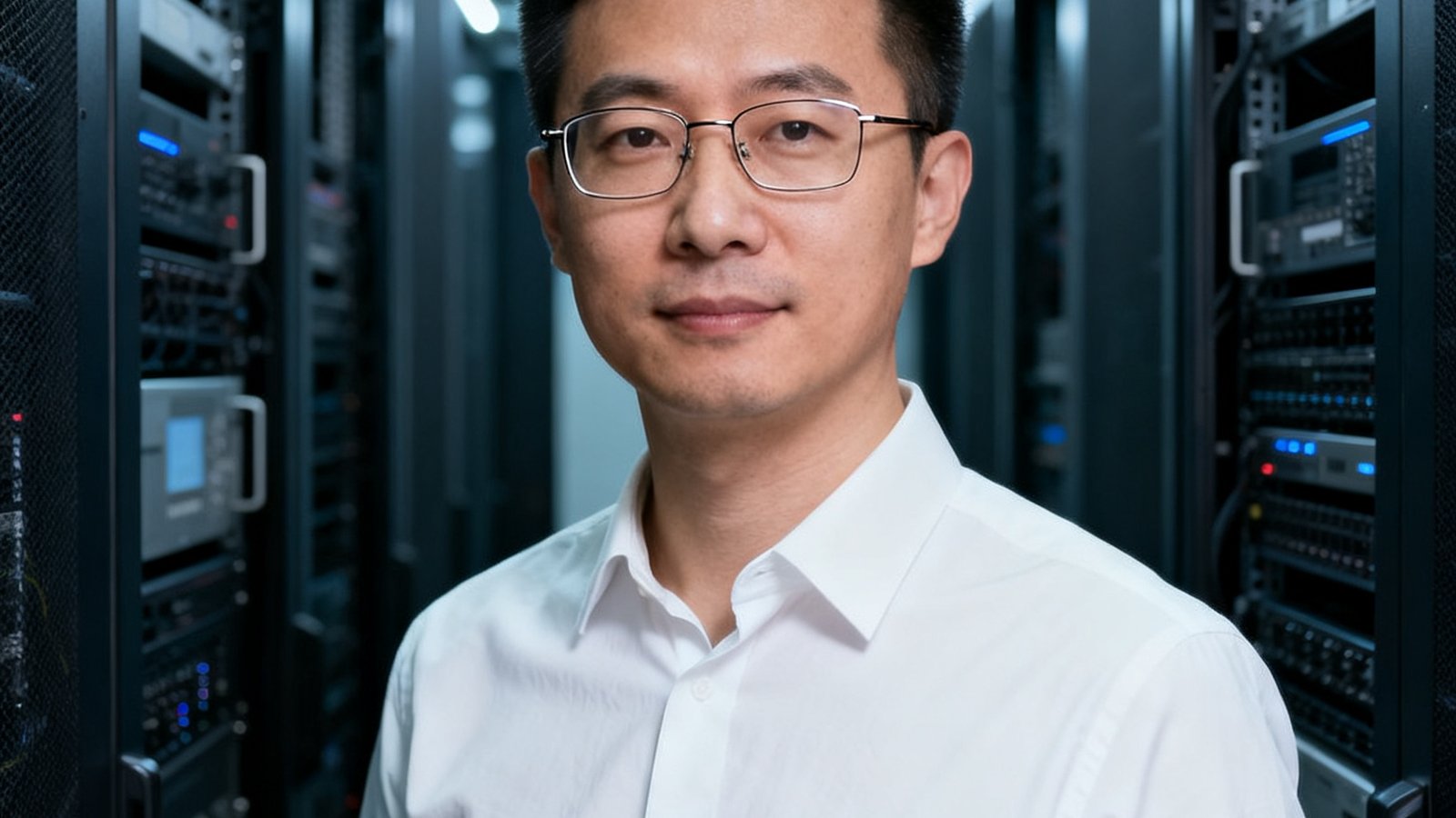九游CTO林雅文的职业肖像照，戴着细框眼镜，身着简约白色衬衫，背景为服务器机房，展现技术专业感