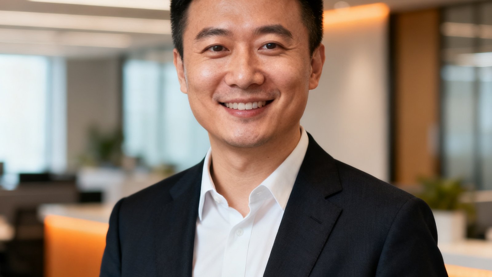 九游COO赵凯的职业肖像照，在开放式办公区自然光下拍摄，面带微笑，展现亲和力与领导力
